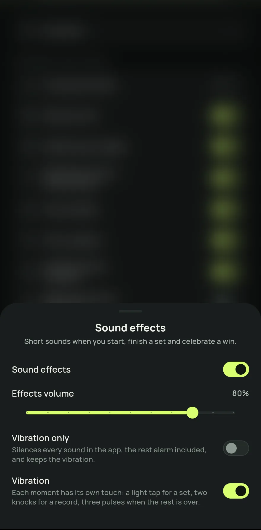 Sound effects sheet: the effects switch with the volume, the Vibration only option, which mutes every sound in the app, and the Vibration option.