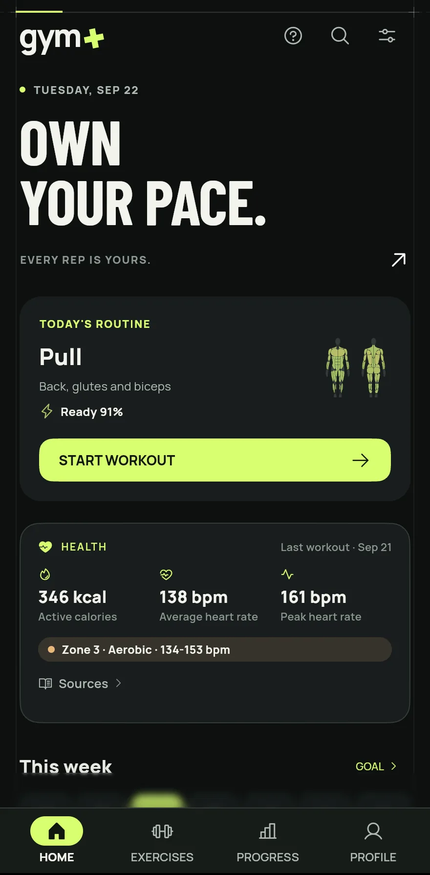 Top of the Home tab with the Today's routine card: the name of the day's routine, the body map with muscle recovery and the Start workout button.