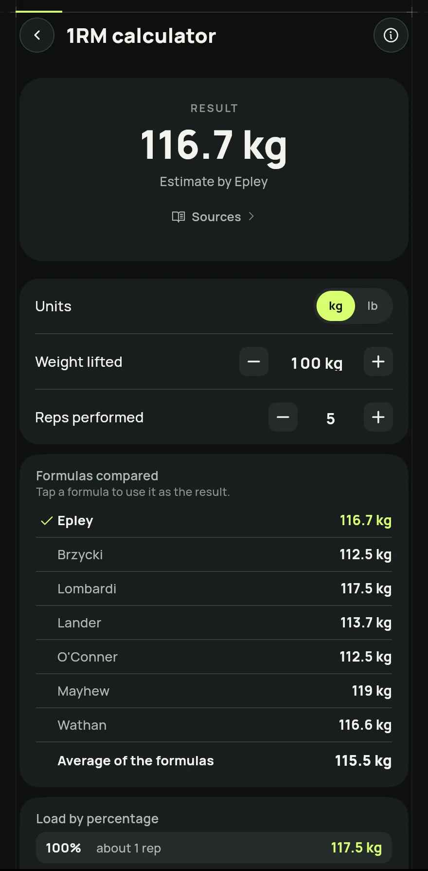 The 1RM calculator open: the weight lifted and the reps with minus and plus buttons, and the estimated max from each formula (Epley, Brzycki, Lombardi and more).