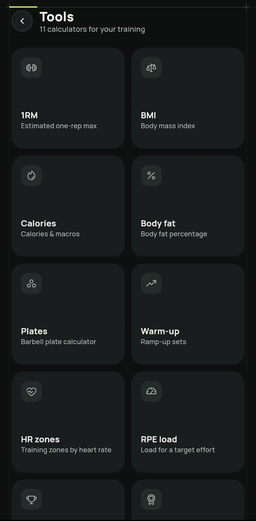 Tools screen with the calculators as cards: 1RM, BMI, Calories, Body fat, Plates, Warm-up, HR zones, Load by RPE, Wilks and DOTS.
