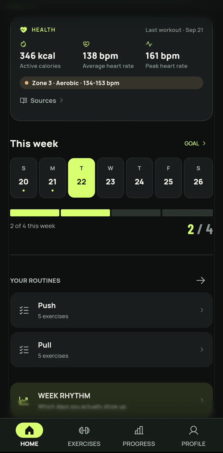 This week section of the home screen: the days from Sunday to Saturday with the workouts done marked, the goal segment bar, the 2 of 4 this week text and the Goal button.