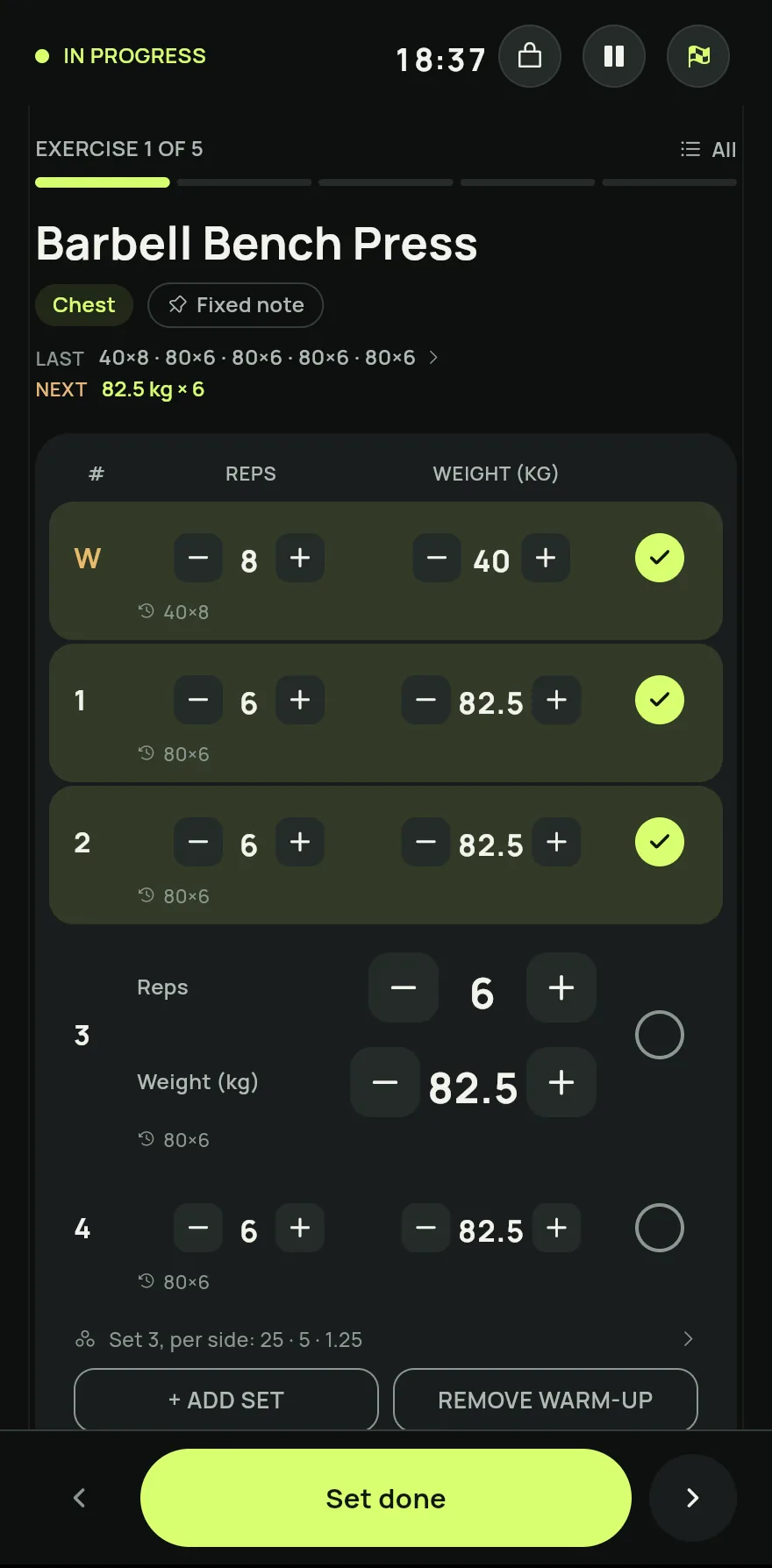 Workout in progress on the barbell bench press: the timer at the top, the warm-up set and two sets done, set 3 open with 6 reps and 82.5 kg, and the Set done button at the bottom.