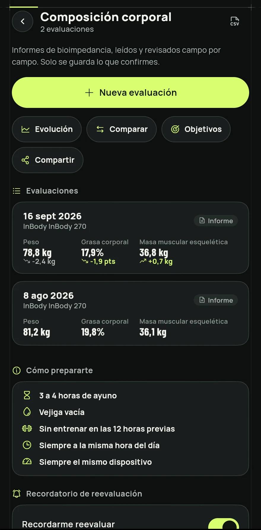 En la pestaña Perfil, en Mi entrenamiento y progreso, toca Composición corporal. El mismo acceso está en la tarjeta Composición corporal de la pantalla Medidas.