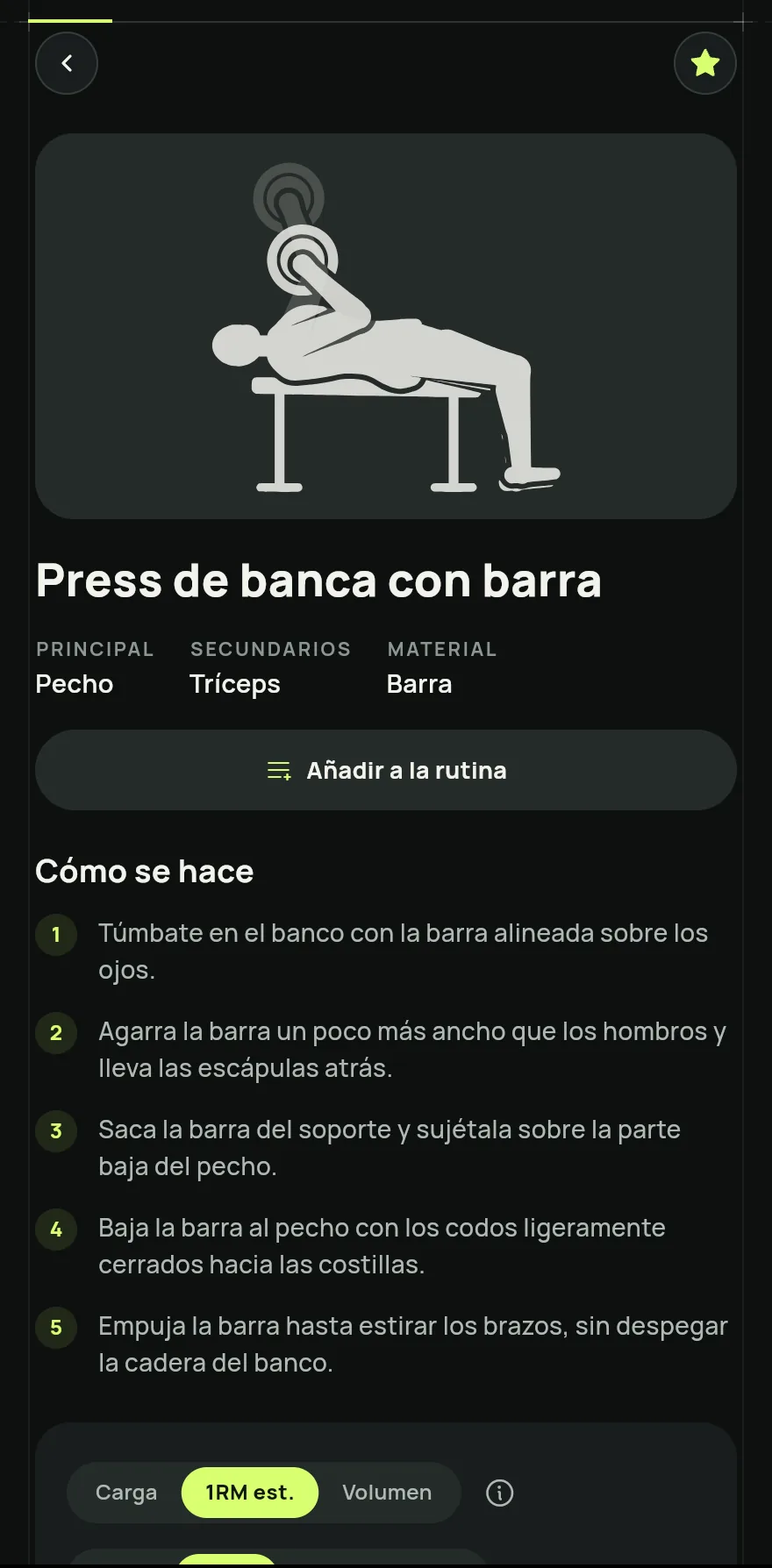 Toca un ejercicio para abrir su página, con Cómo se hace, los músculos principales y secundarios, el material, el Historial de tus entrenos y ejercicios Similares.