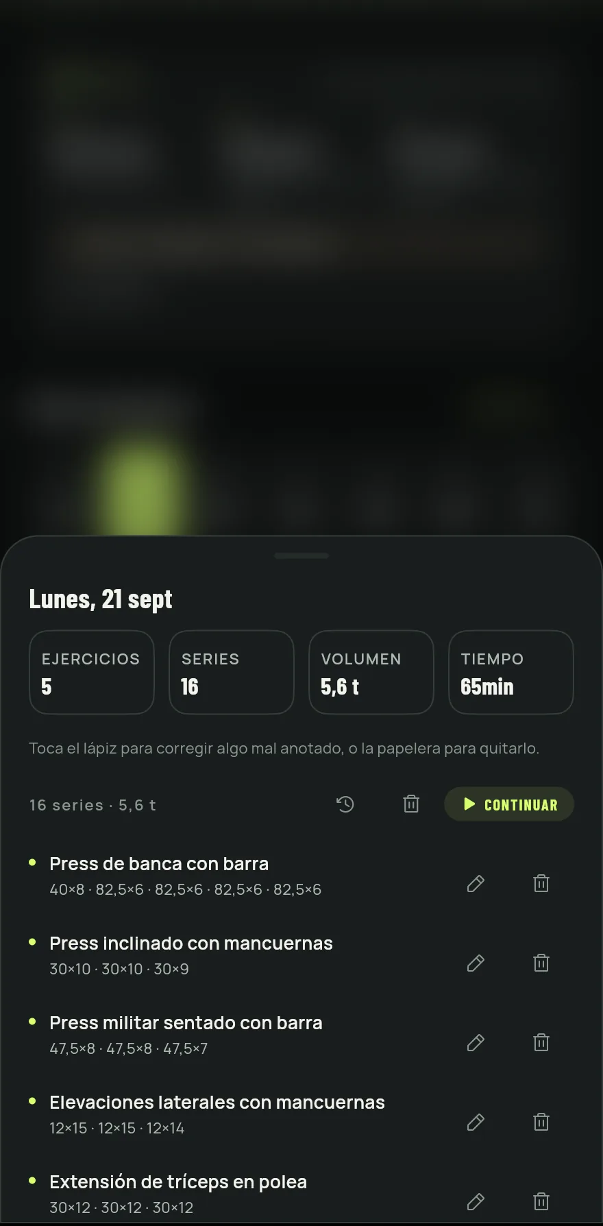 Toca un día. La hoja muestra la fecha y los totales de Ejercicios, Series, Volumen y Tiempo, seguidos de cada ejercicio con sus series y cargas.
