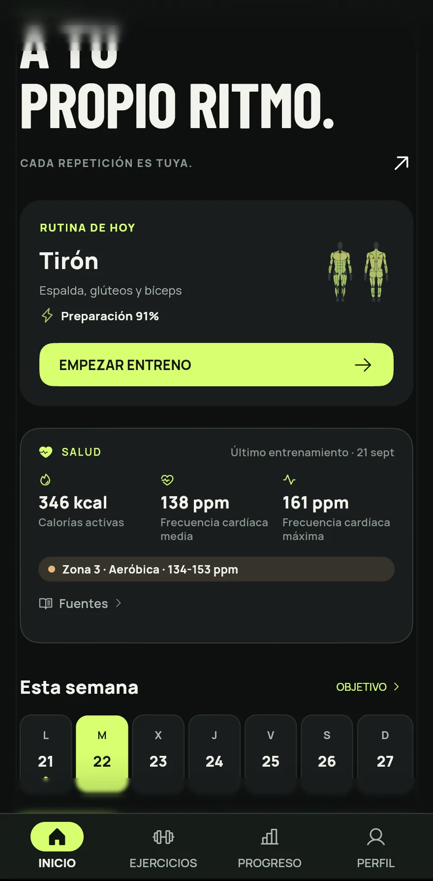 Abre Gym+. La pantalla Inicio es la primera pestaña de la barra inferior.