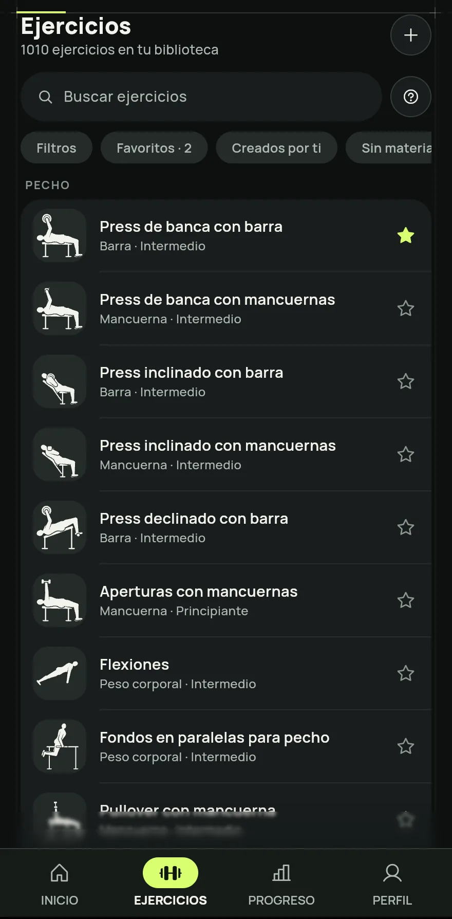 Toca Ejercicios en la barra inferior. Arriba ves cuántos ejercicios tiene tu biblioteca.