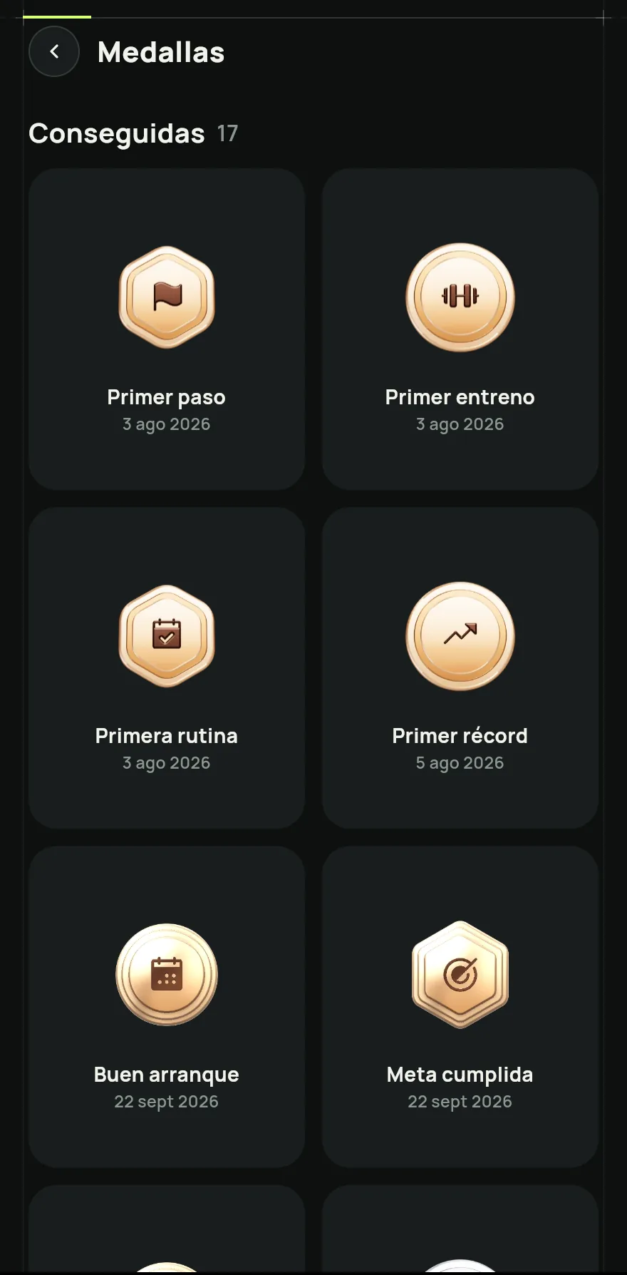 Abre la pestaña Perfil y, en Mi entrenamiento y progreso, toca Medallas.