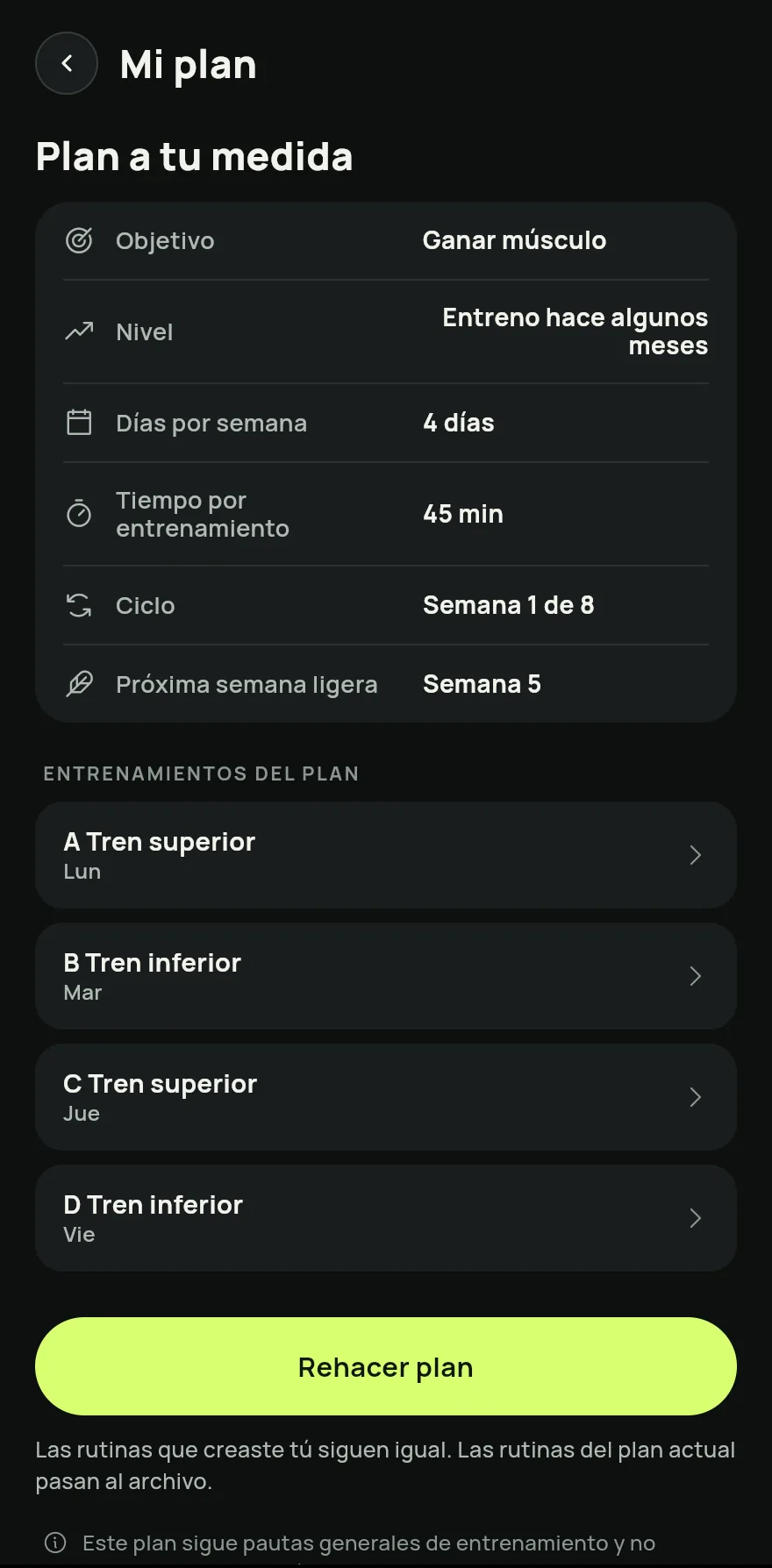 En la pantalla Inicio, desliza hasta Tus rutinas y toca la flecha junto al título para abrir la pantalla Rutinas. Al final de la pantalla, toca Plan a tu medida.