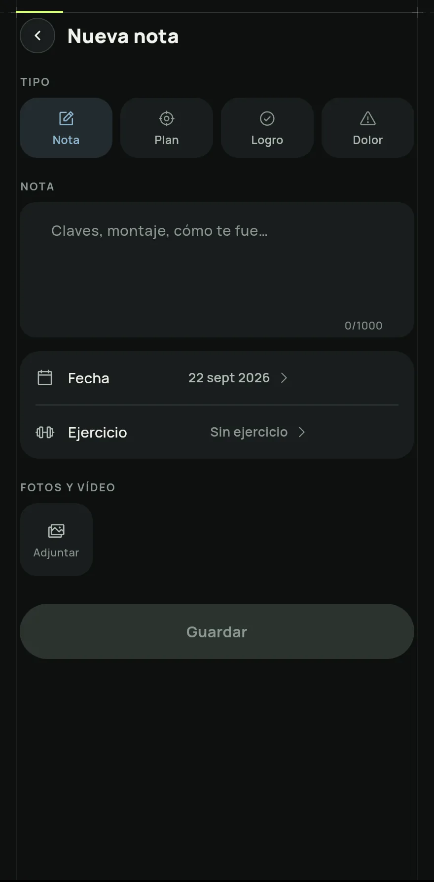 Elige el Tipo de nota: Nota, Plan, Logro o Dolor. Después escribe el texto.
