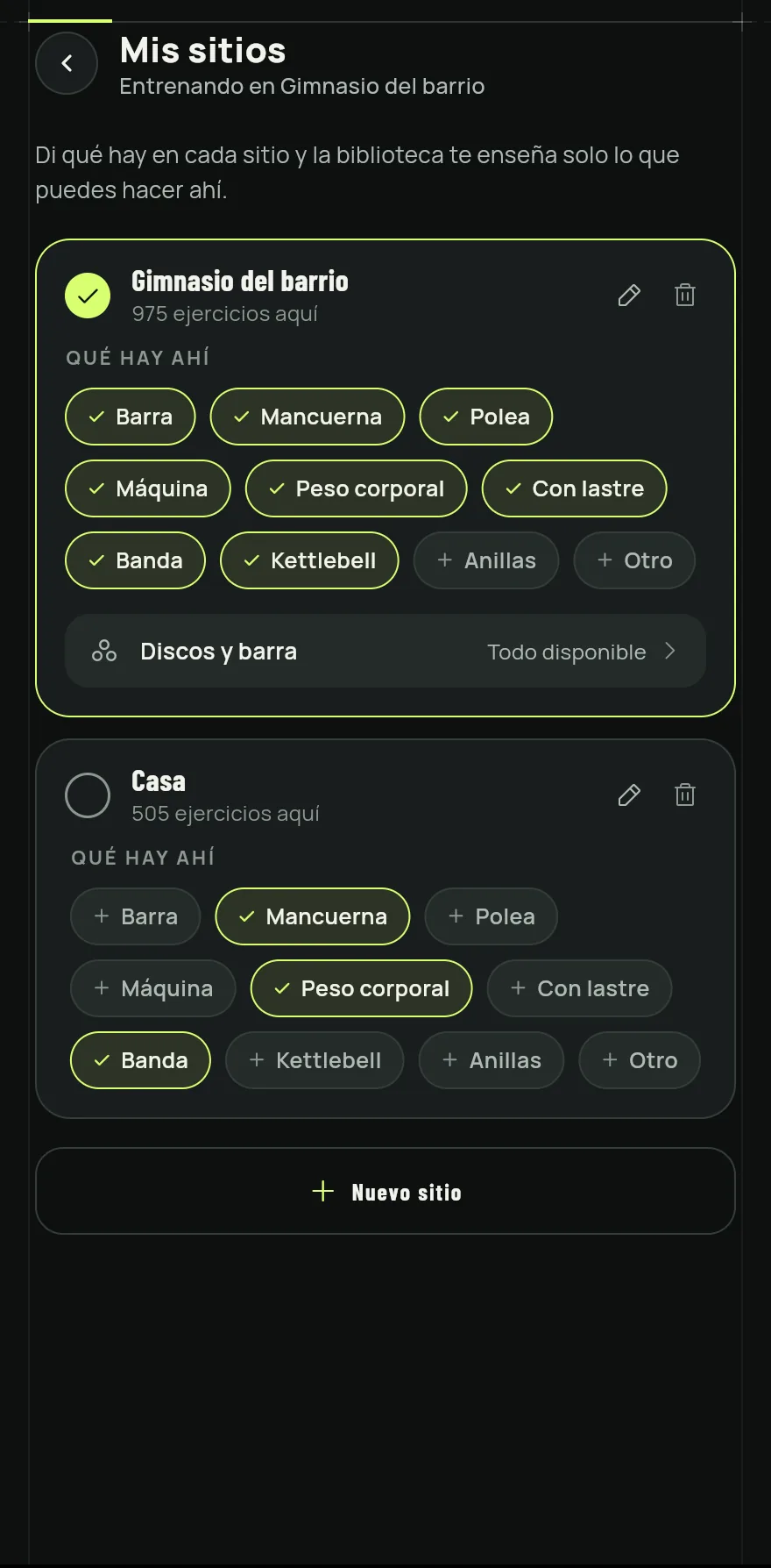 Abre la pestaña Perfil, toca Ajustes y, en la parte de entrenamiento, toca Mis sitios.