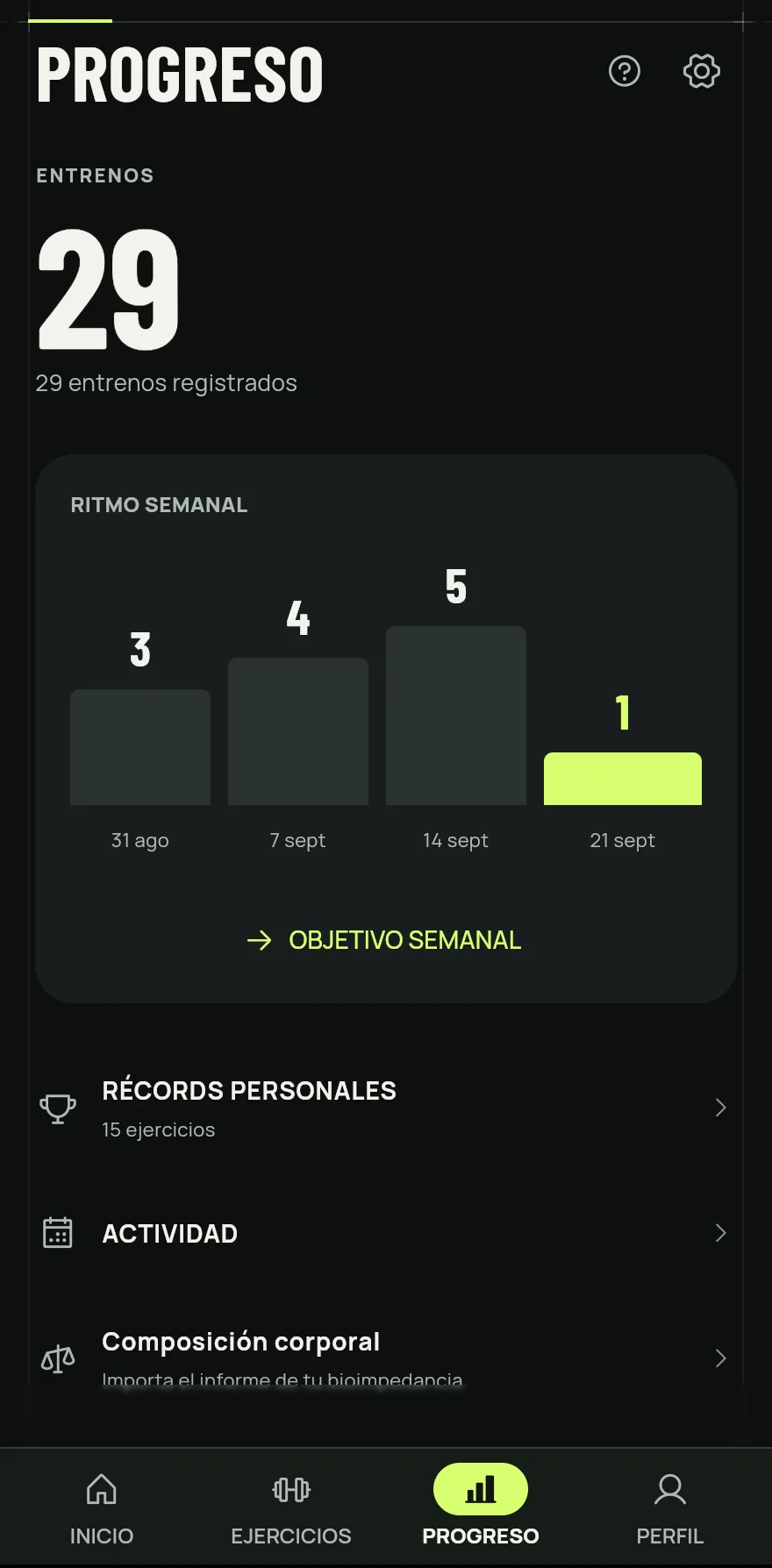 Toca Progreso en la barra inferior. Arriba aparece el total de Entrenos que registraste.