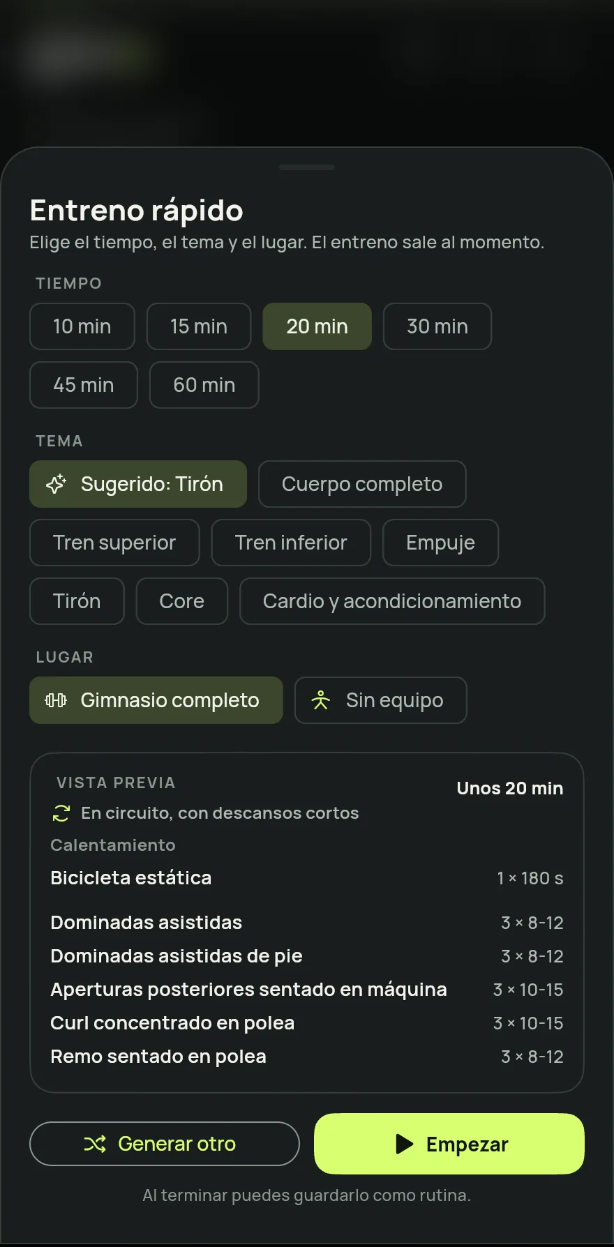 En la pantalla Inicio, toca Empezar entreno y elige Entreno rápido. En un día sin rutina planificada, la tarjeta de hoy también muestra un acceso a Entreno rápido.