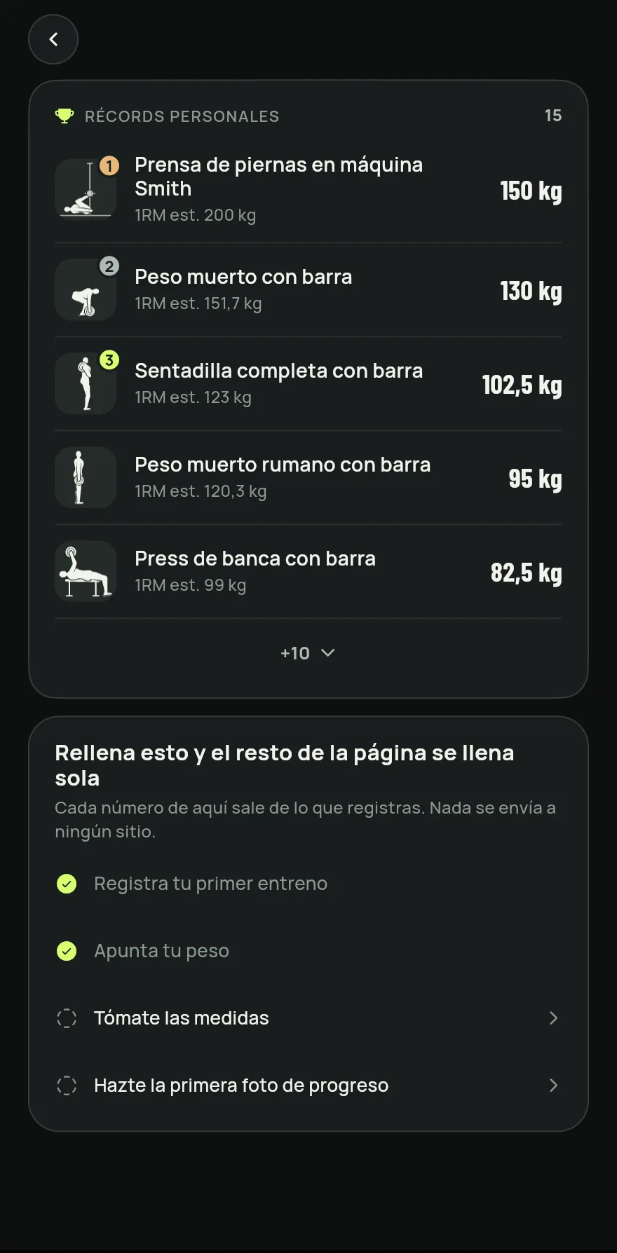 Toca Progreso en la barra inferior y luego Récords personales. La fila muestra cuántos ejercicios ya tienen récord.