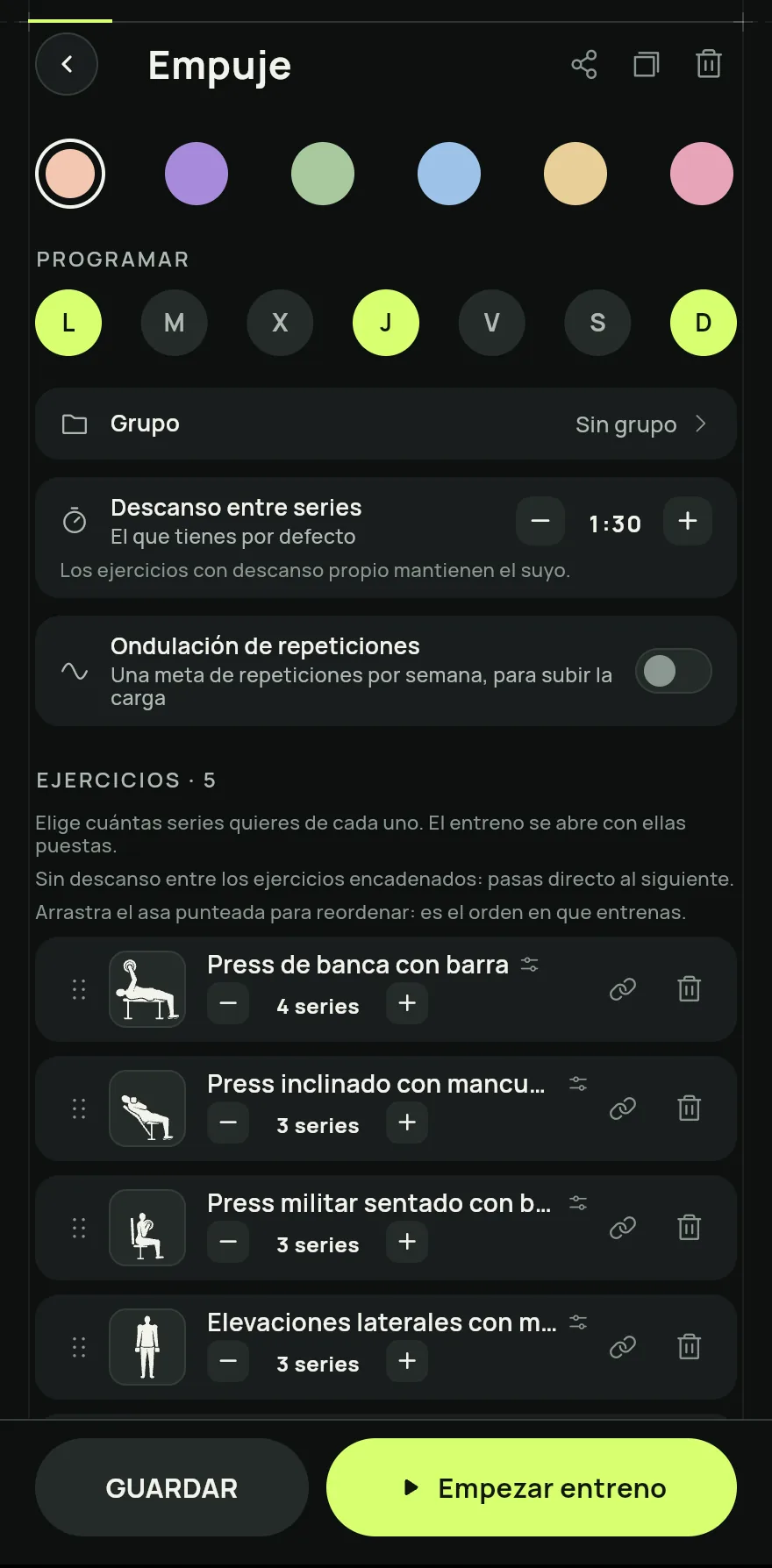 Elige cuántas series quieres de cada ejercicio. El entreno se abre con ellas puestas.