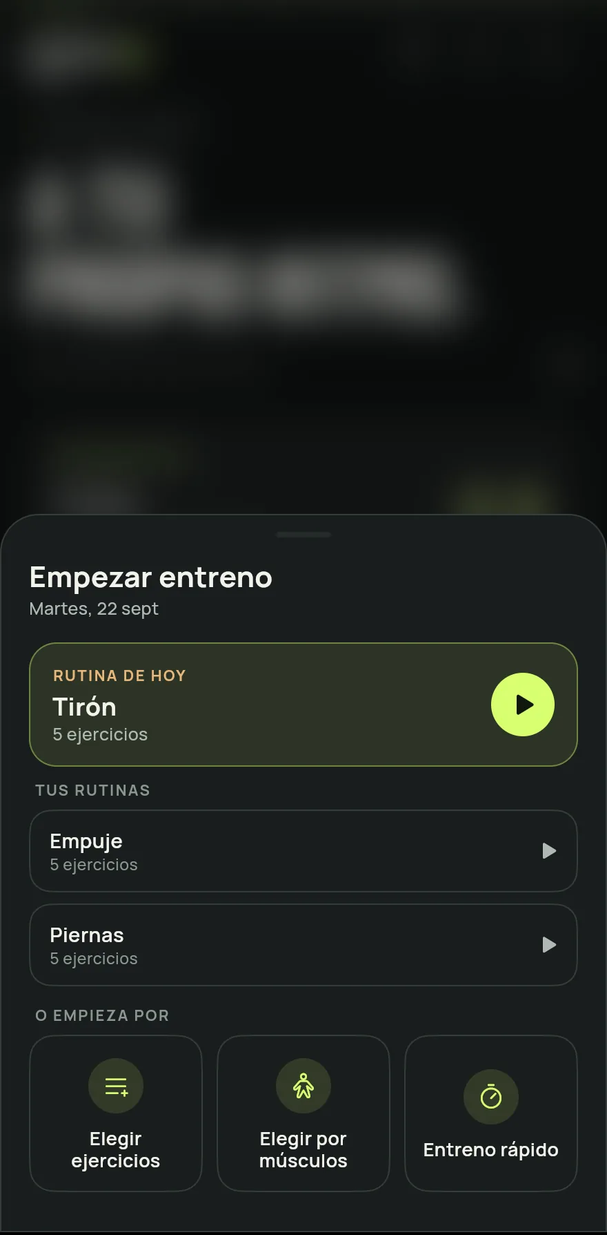 En la pantalla Inicio, toca Empezar entreno.