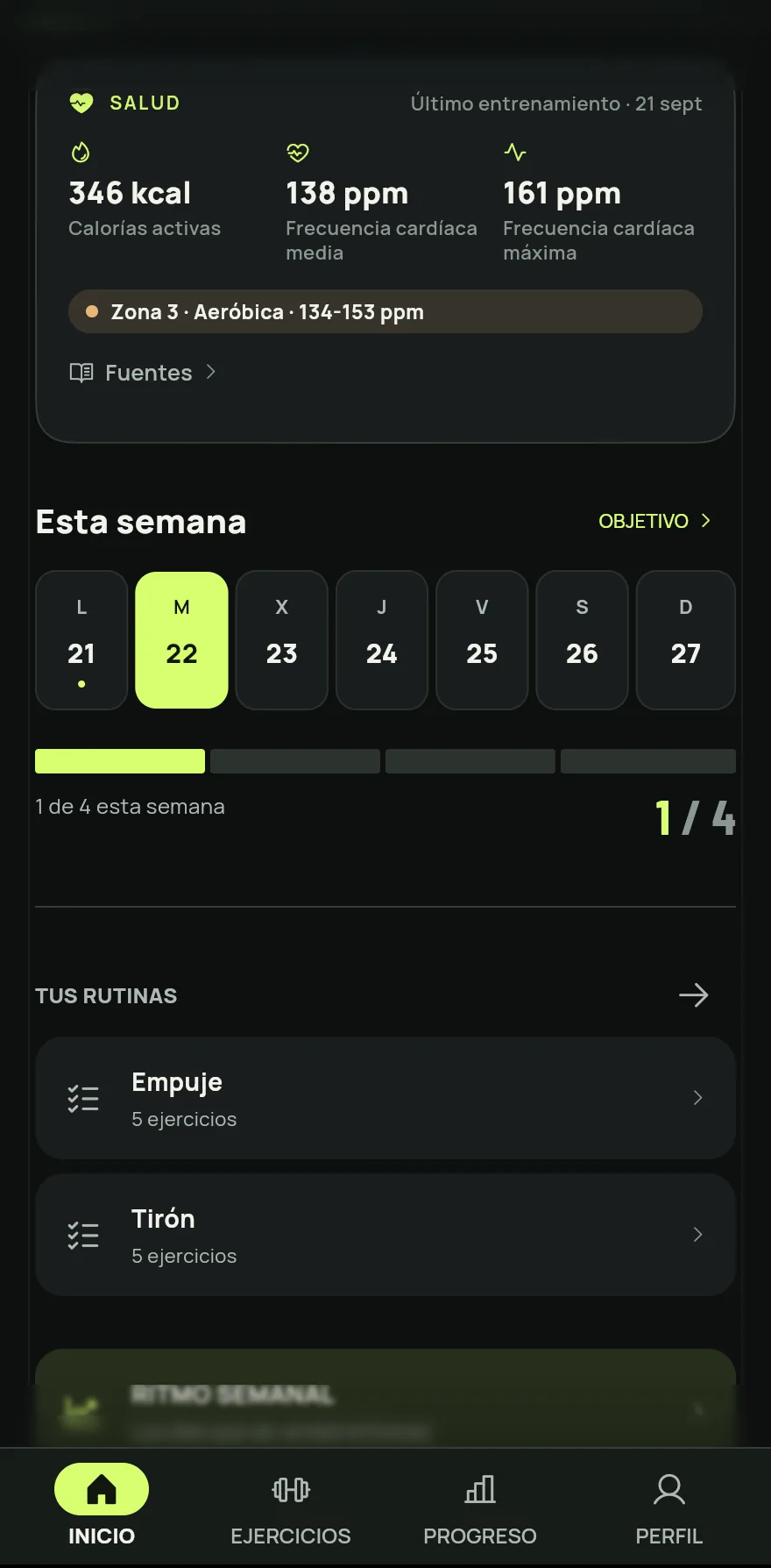 En la pantalla Inicio, desliza hasta Esta semana. La barra muestra cuántos días entrenaste y cuál es el objetivo, por ejemplo 2 de 4 esta semana.