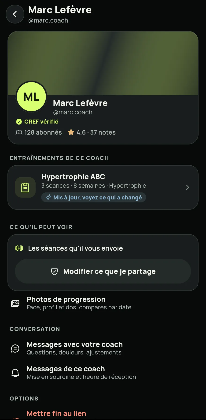 Si le coach a déjà envoyé une séance à votre @, elle arrive aussitôt et l’écran où vous choisissez ce que le coach peut voir s’ouvre. Activez ce que vous voulez partager, comme les données de santé et les photos de progression, puis touchez Enregistrer mes choix. Pour ne rien partager d’autre que ses séances, touchez Partager uniquement ses séances.