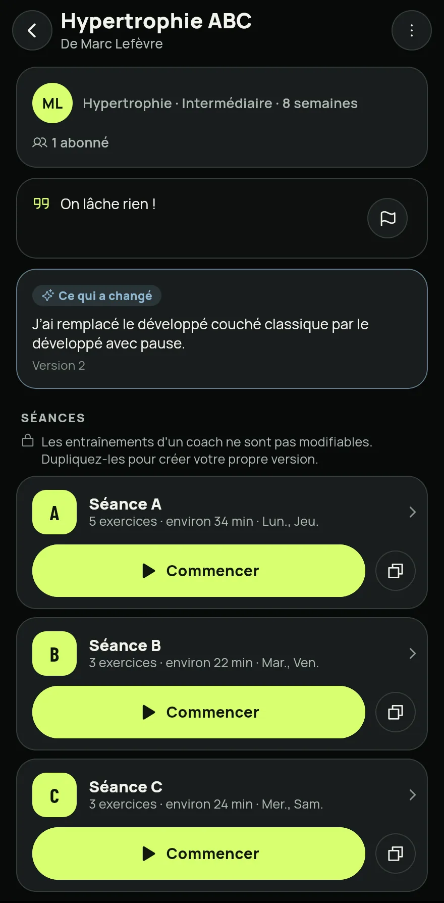 Pour voir tout ce que votre coach vous a envoyé, faites défiler l’écran Accueil et touchez Programme du coach, juste sous vos programmes.