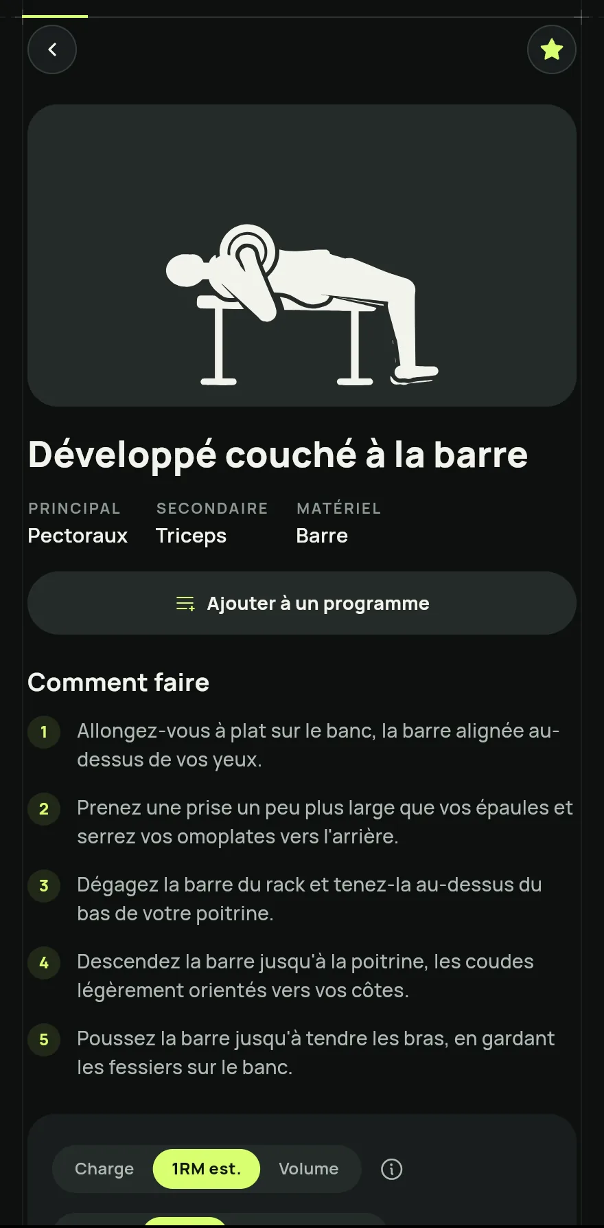 Touchez un exercice pour ouvrir sa page, avec Comment faire, les muscles principaux et secondaires, le matériel, l’Historique de vos séances et les exercices Similaires.