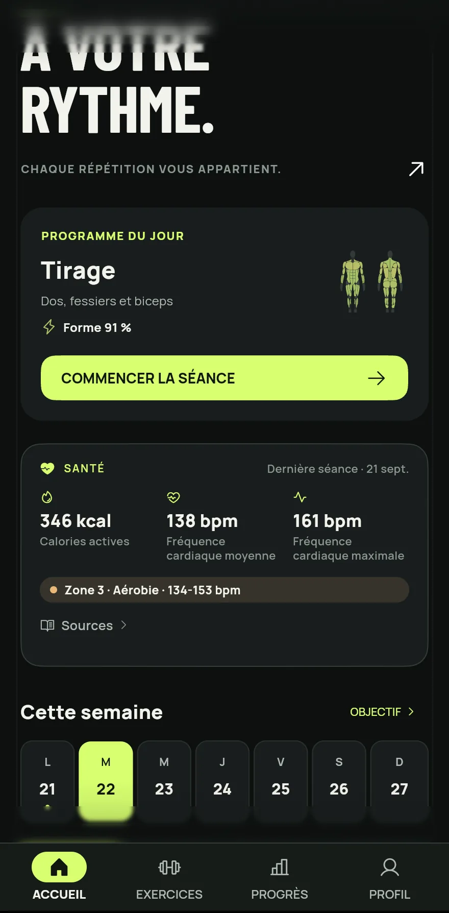 Ouvrez Gym+. L’écran Accueil est le premier onglet de la barre du bas.