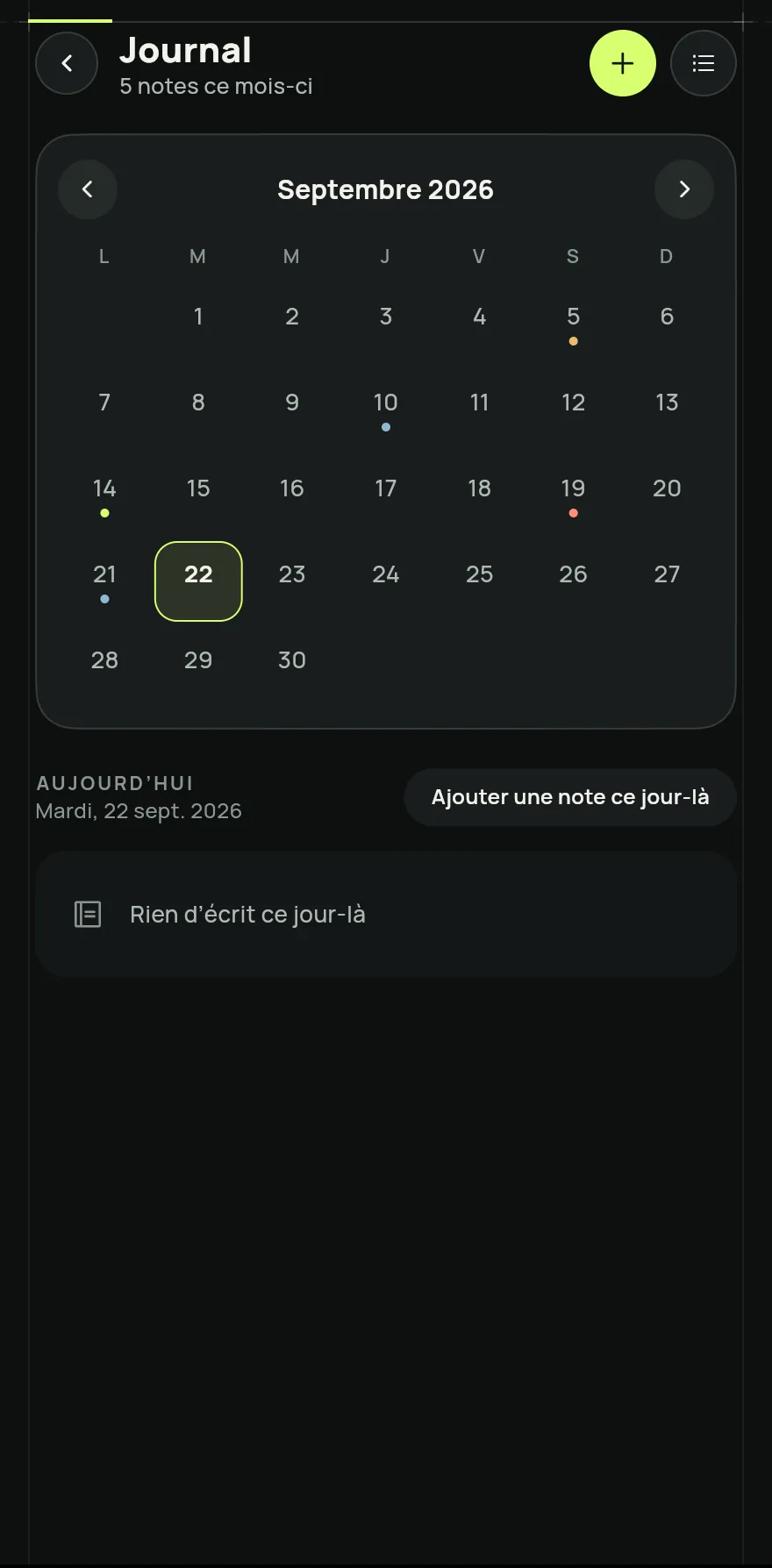 Sur l’écran Accueil, faites défiler jusqu’en bas et touchez Journal. L’écran s’ouvre sur le calendrier du mois, avec aujourd’hui marqué.