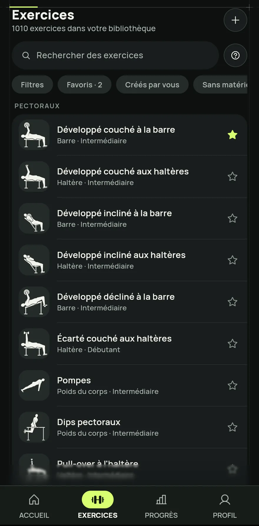 Touchez Exercices dans la barre du bas. En haut, vous voyez combien d’exercices contient votre bibliothèque.
