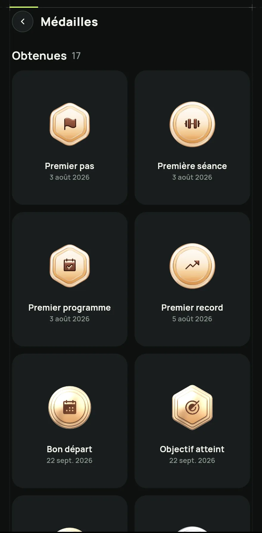 Ouvrez l’onglet Profil et, sous Mon entraînement et mes progrès, touchez Médailles.