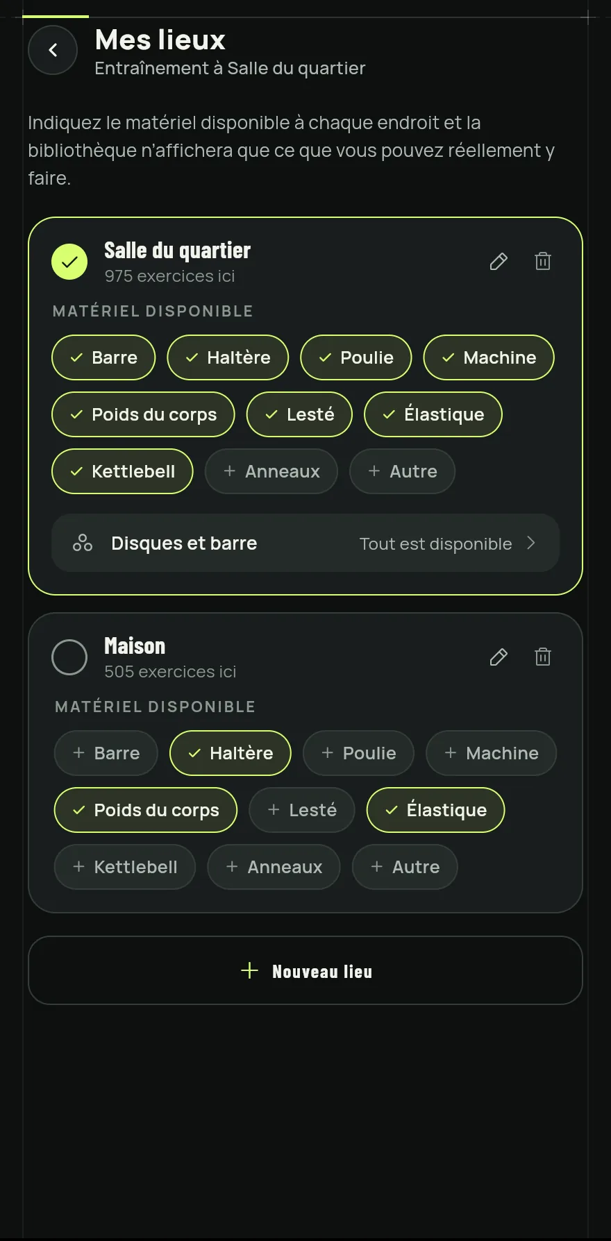 Ouvrez l’onglet Profil, touchez Paramètres et, dans la partie entraînement, touchez Mes lieux.