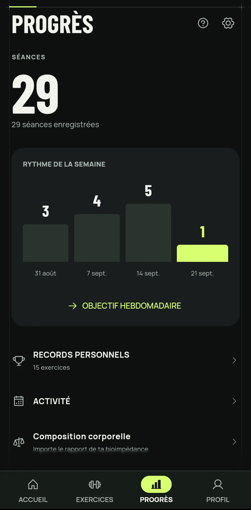 Touchez Progrès dans la barre du bas. En haut s’affiche le total de Séances que vous avez enregistrées.