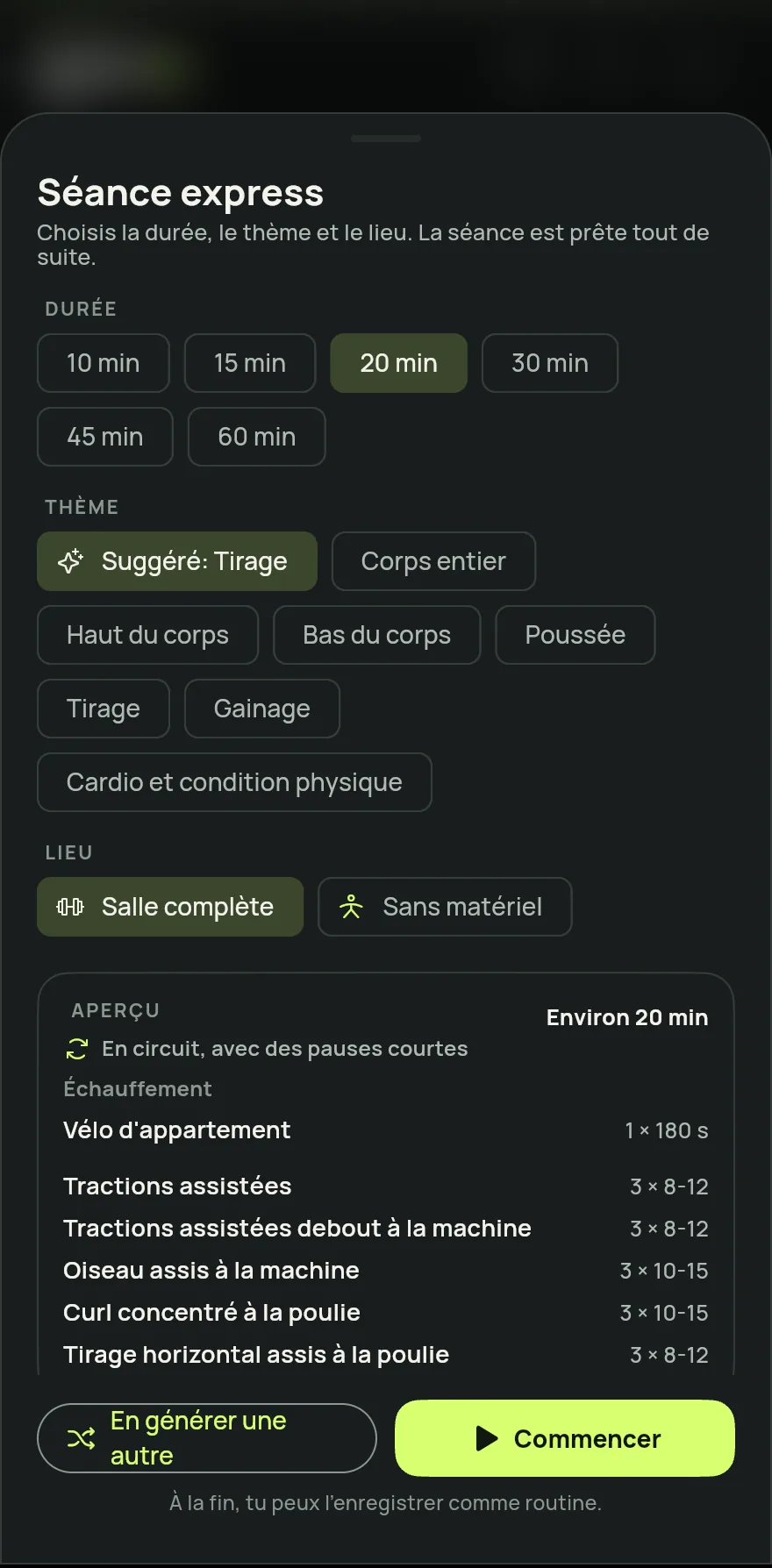 Sur l’écran Accueil, touchez Commencer la séance et choisissez Séance express. Un jour sans programme prévu, la carte du jour affiche aussi un raccourci Séance express.