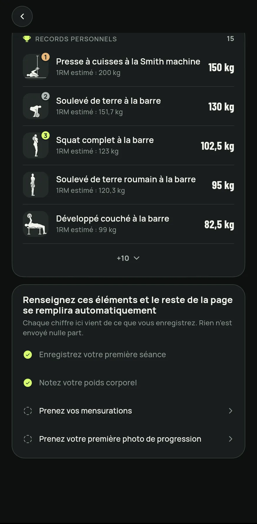 Touchez Progrès dans la barre du bas, puis Records personnels. La ligne indique combien d’exercices ont déjà un record.