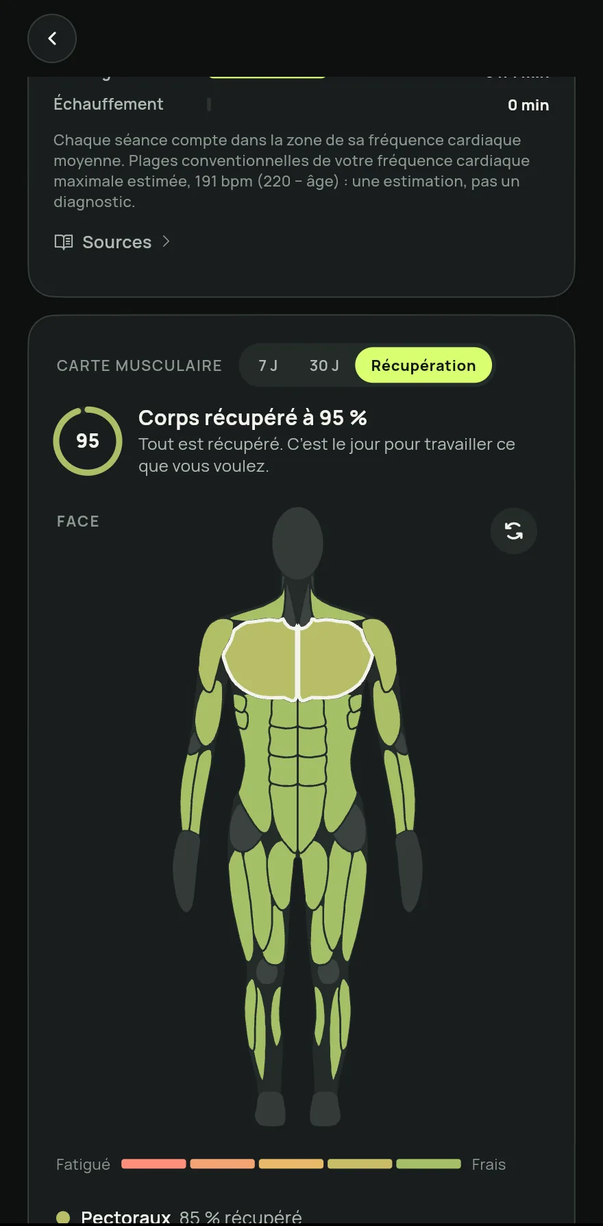 Pour voir tout le corps, ouvrez l’onglet Progrès et, sur la carte Carte musculaire, touchez Récupération.