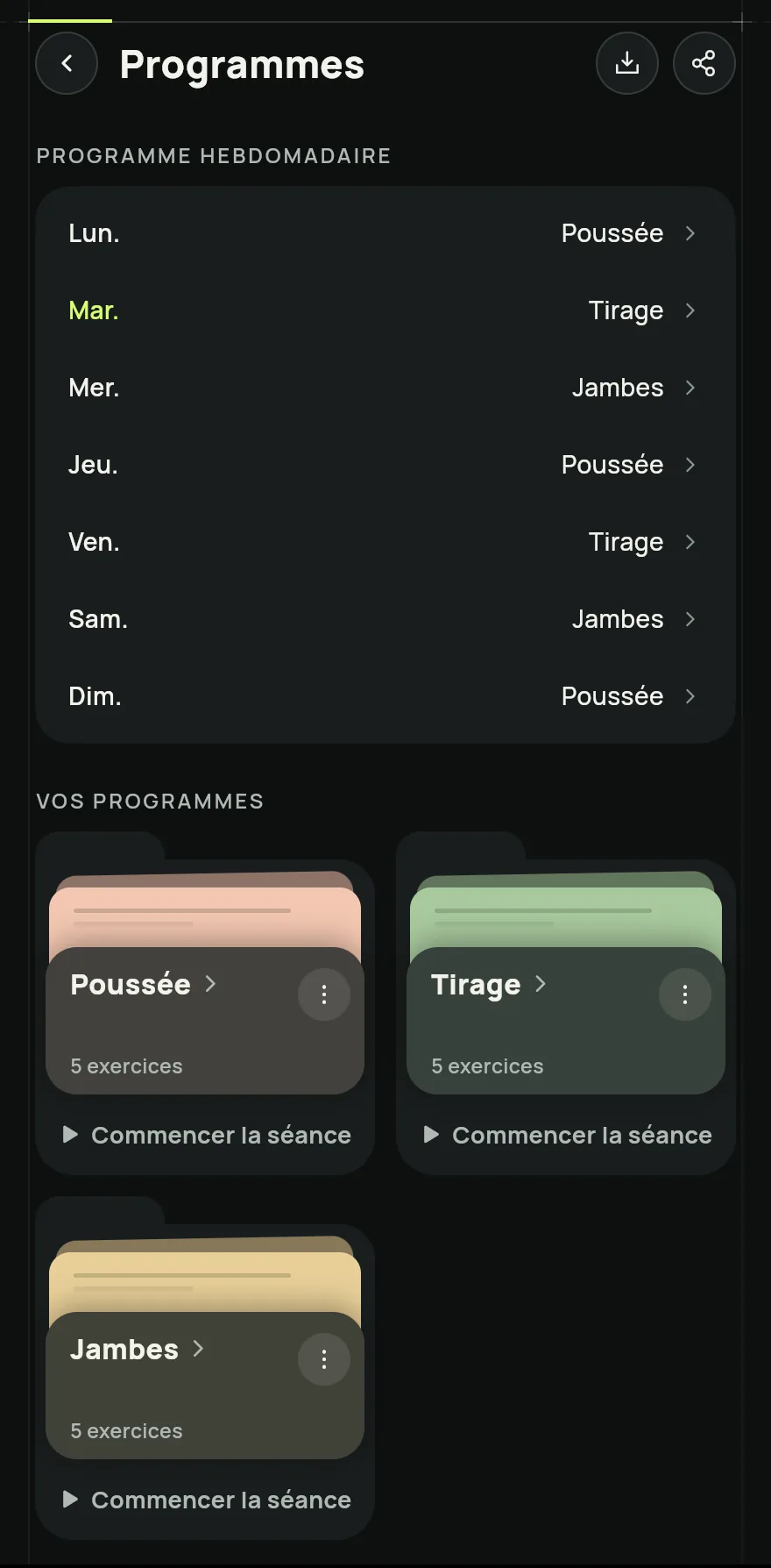Sur l’écran Accueil, faites défiler jusqu’à Vos programmes et touchez la flèche à côté du titre pour ouvrir l’écran Programmes. Sous les cartes, touchez Nouveau programme.