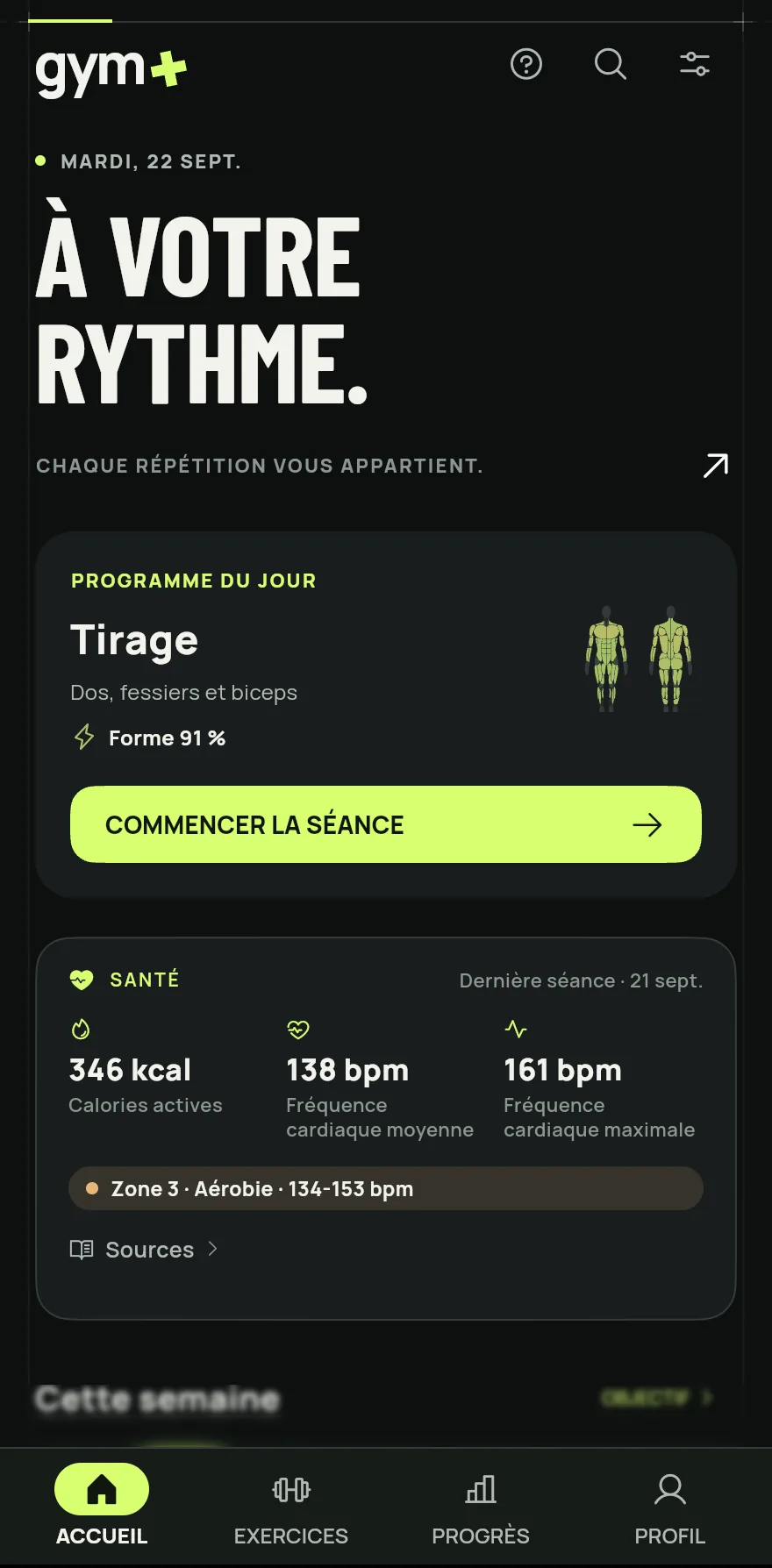 Ouvrez l’écran Accueil. Avec un programme prévu aujourd’hui, la carte affiche Programme du jour avec son nom. Sans programme prévu, elle affiche Objectif du jour, comme une séance de poussée ou de jambes.