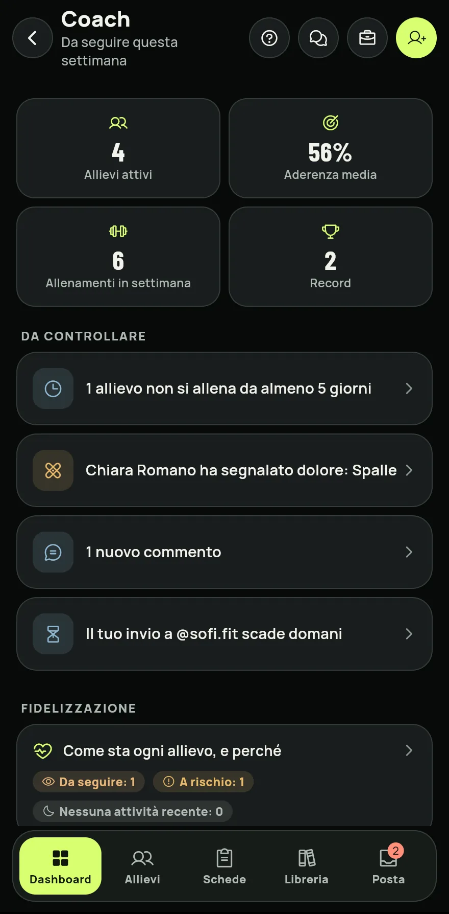 Tocca la sezione Coach. Si apre anche dalla card Pannello del coach nella sezione Profilo.