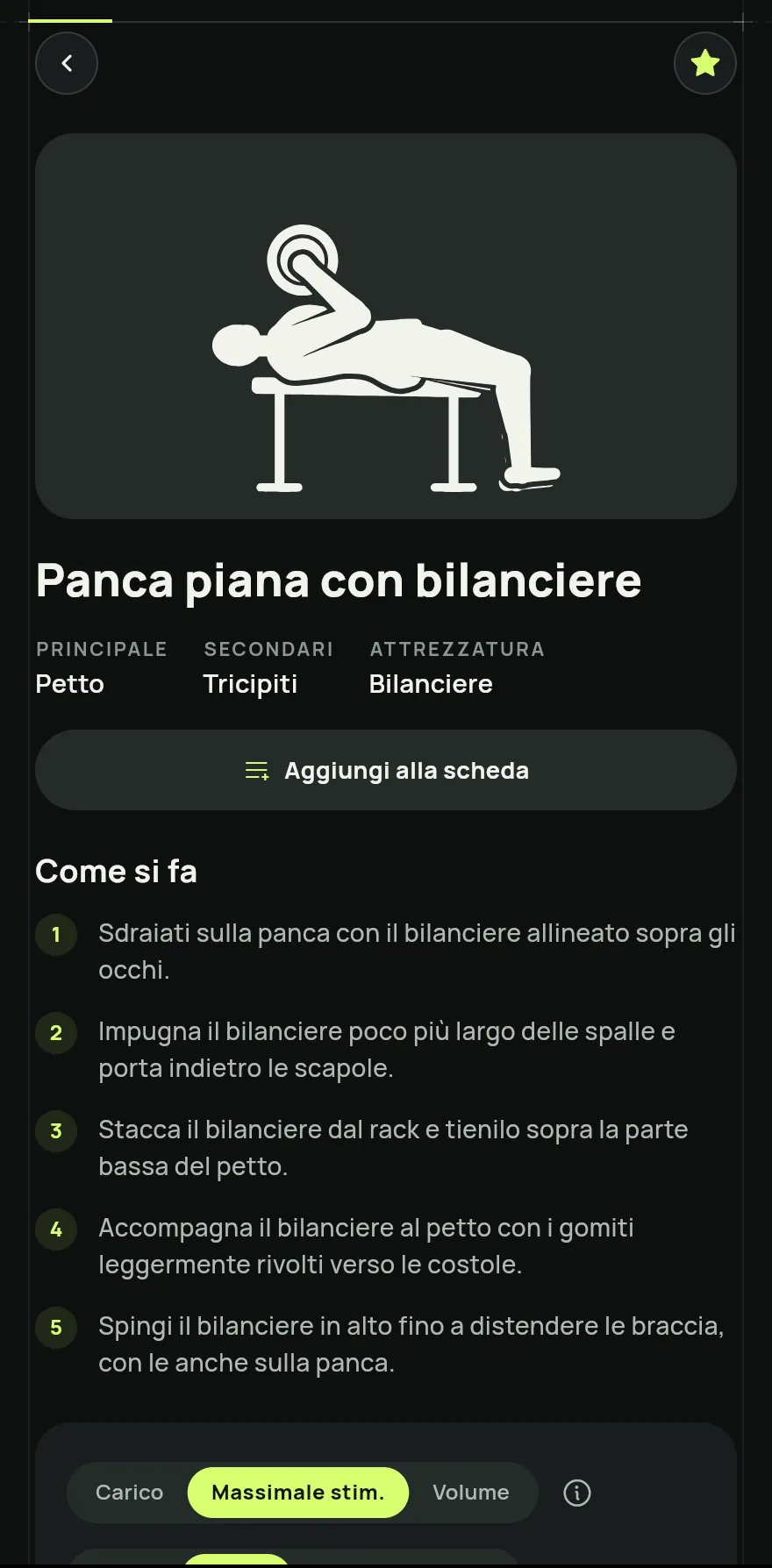 Tocca un esercizio per aprire la sua pagina, con Come si fa, i muscoli principali e secondari, l’attrezzatura, lo Storico dei tuoi allenamenti e gli esercizi Simili.