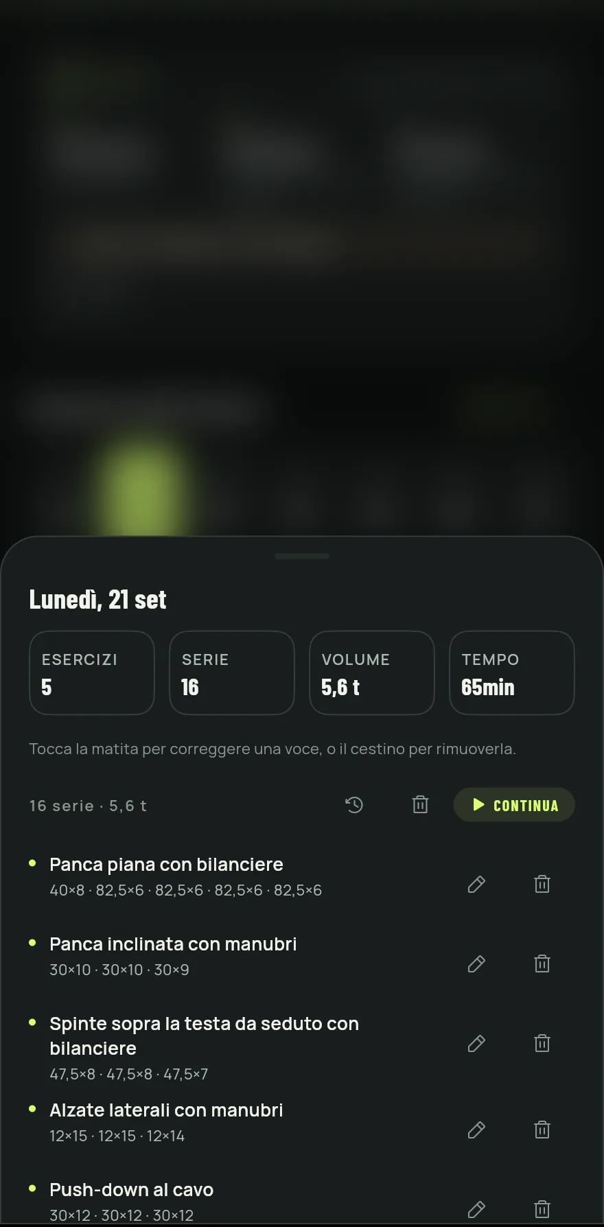 Tocca un giorno. Il pannello mostra la data e i totali di Esercizi, Serie, Volume e Tempo, seguiti da ogni esercizio con le sue serie e i suoi carichi.