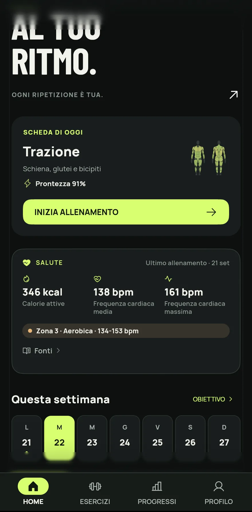 Apri Gym+. La schermata Home è la prima voce della barra in basso.