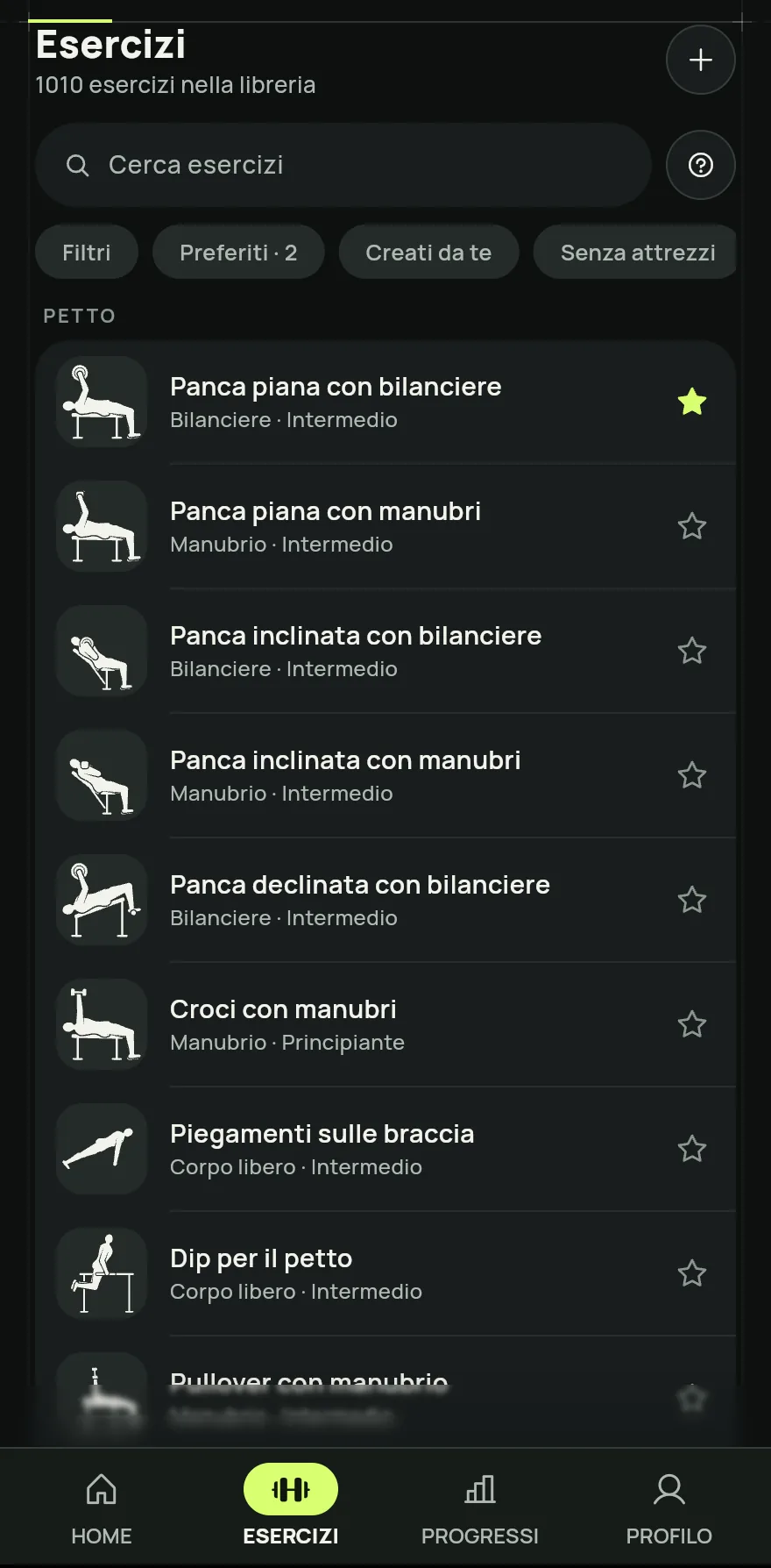 Tocca Esercizi nella barra in basso. In alto vedi quanti esercizi ha la tua libreria.