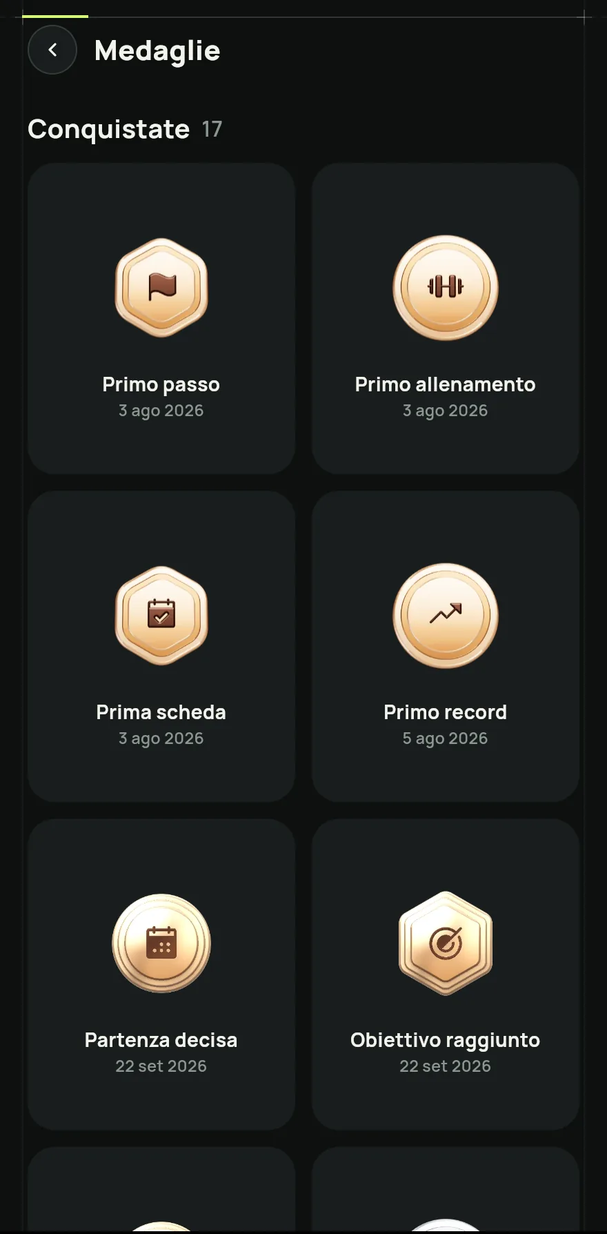Apri la sezione Profilo e, in Il mio allenamento e i progressi, tocca Medaglie.