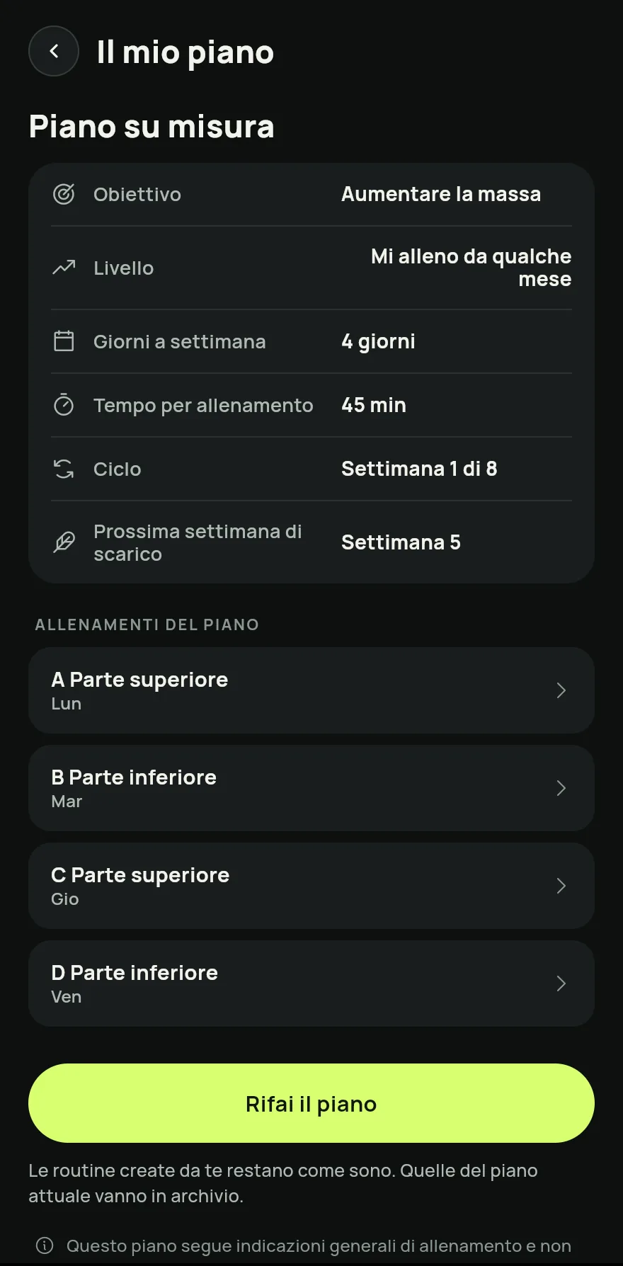 Nella schermata Home, scorri fino a Le tue schede e tocca la freccia accanto al titolo per aprire la schermata Schede. In fondo alla schermata, tocca Piano su misura.