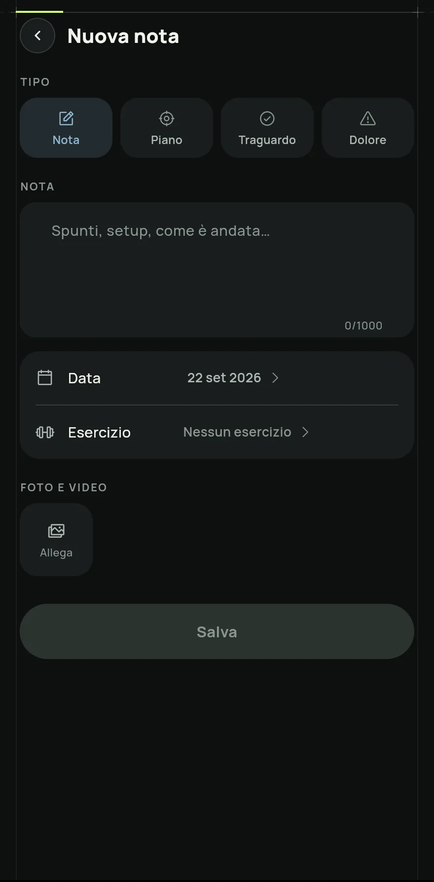 Scegli il Tipo di nota: Nota, Piano, Traguardo o Dolore. Poi scrivi il testo.