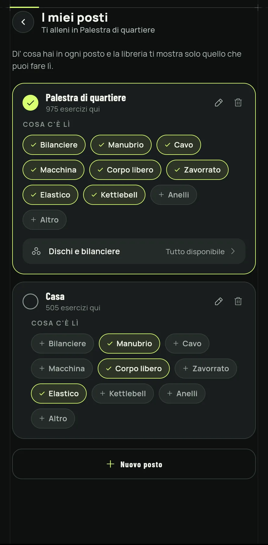 Apri la sezione Profilo, tocca Impostazioni e, nella parte dedicata all’allenamento, tocca I miei posti.