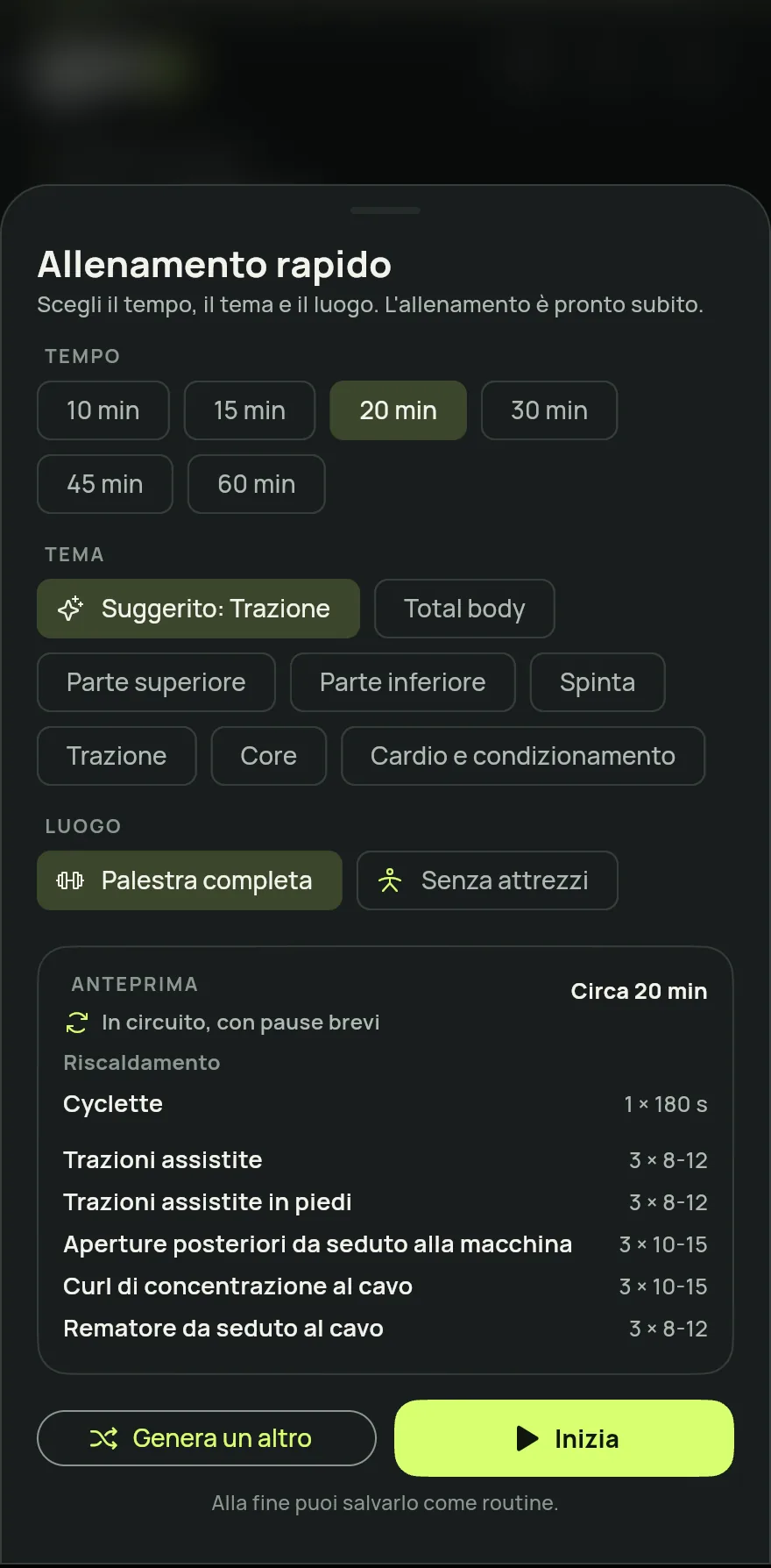 Nella schermata Home, tocca Inizia allenamento e scegli Allenamento rapido. In un giorno senza scheda pianificata, anche la card di oggi mostra una scorciatoia Allenamento rapido.