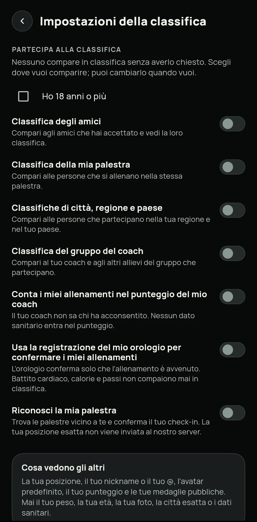 Tocca Partecipa. In Impostazioni della classifica, conferma Ho 18 anni o più e attiva le classifiche in cui vuoi comparire: Classifica degli amici, Classifica della mia palestra o Classifiche di città, regione e paese.