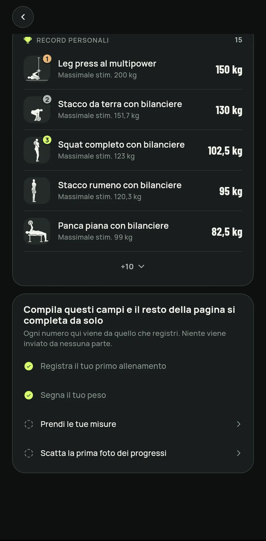 Tocca Progressi nella barra in basso, poi Record personali. La riga mostra quanti esercizi hanno già un record.