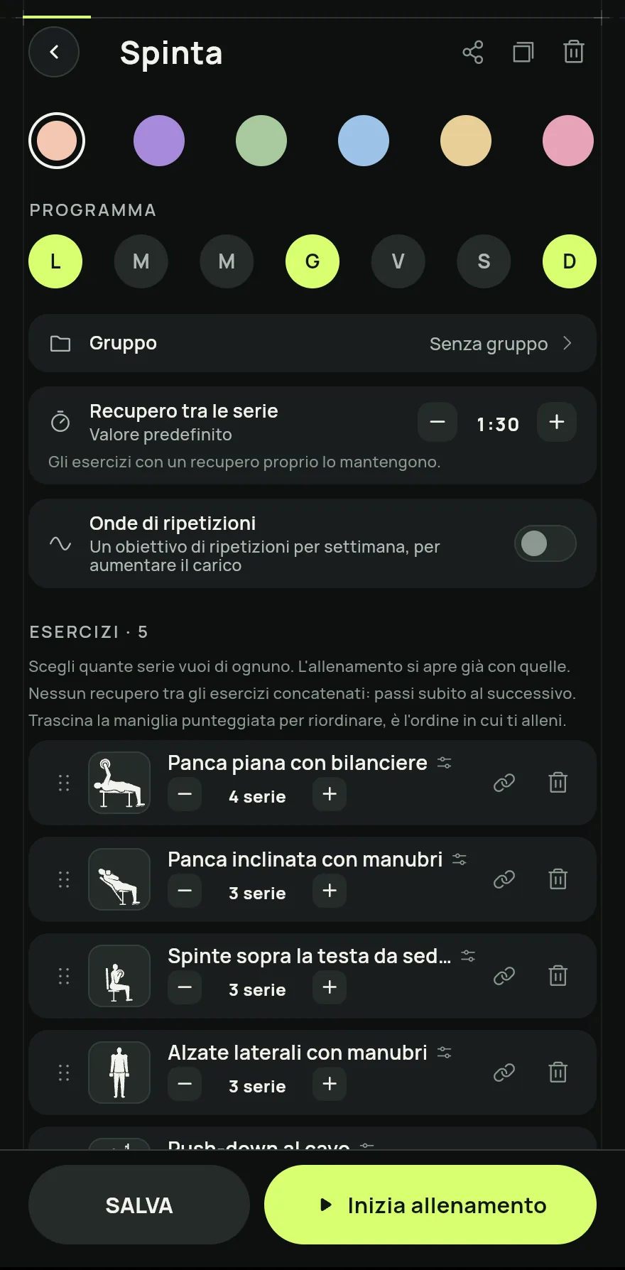 Scegli quante serie vuoi per ogni esercizio. L’allenamento si apre già con quelle.