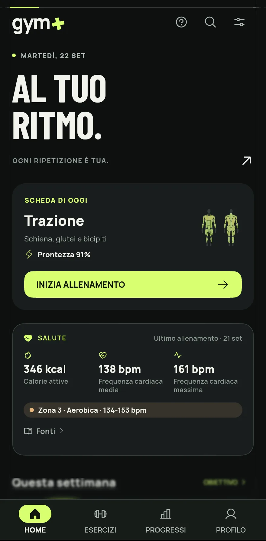 Apri la schermata Home. Con una scheda pianificata per oggi, la card mostra Scheda di oggi con il suo nome. Senza scheda pianificata, mostra Focus di oggi, come giorno di spinta o giorno gambe.
