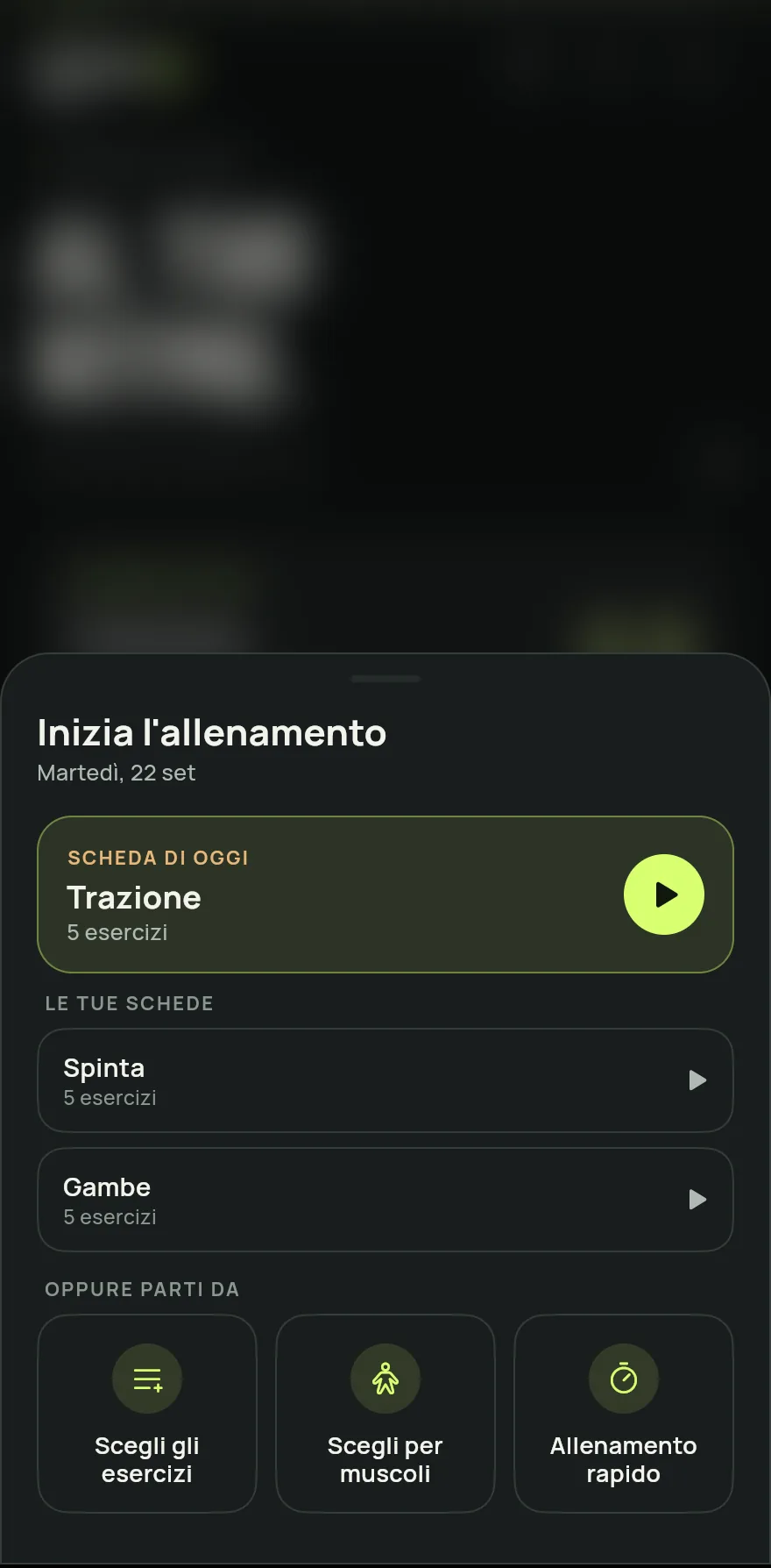 Nella schermata Home, tocca Inizia allenamento.